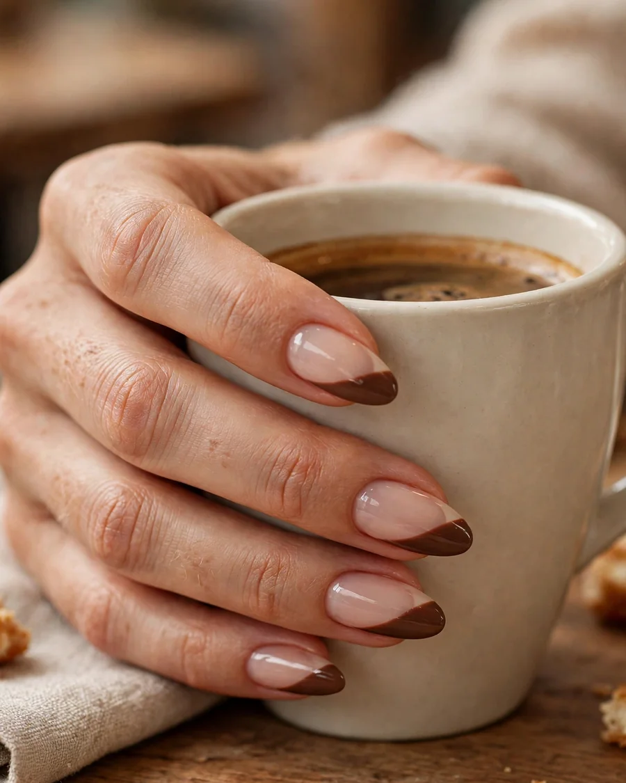 Espresso diagonal side French manicure on almond nails