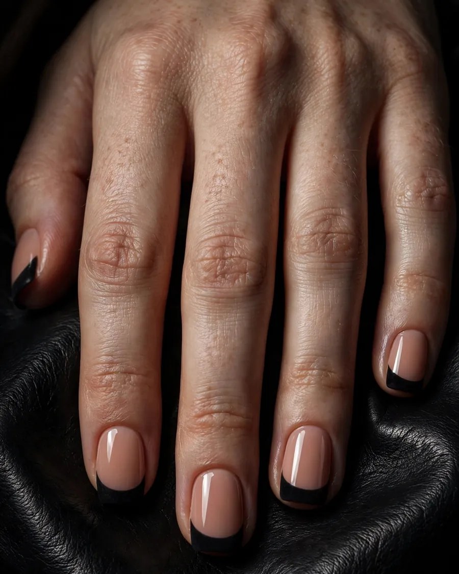 Matte black French tips on glossy nude squoval nails