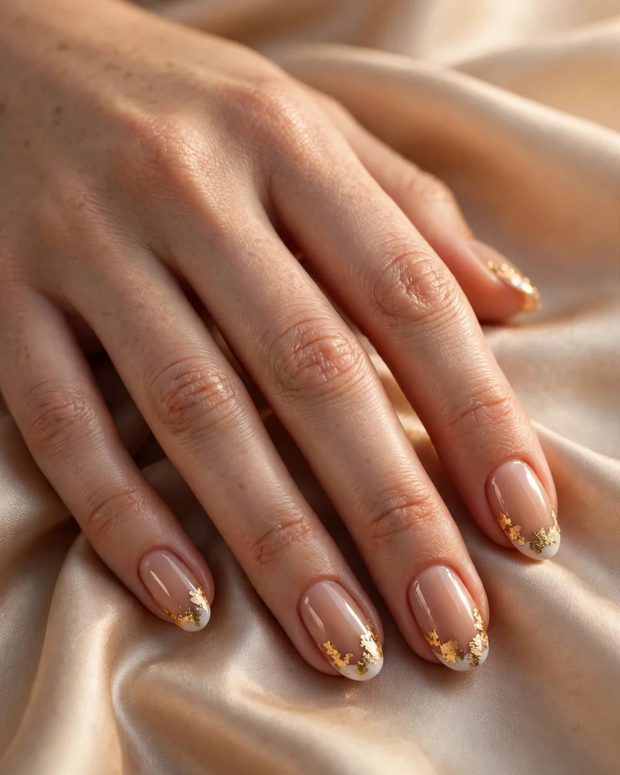 Gold foil French tip nails on champagne silk fabric