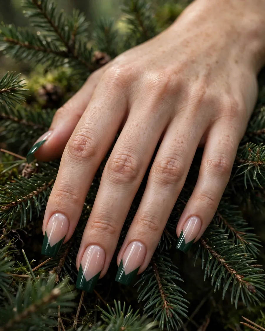 Forest green chevron V-tip French nails among pine branches
