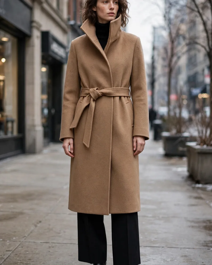 Camel double-faced wool funnel neck coat with self belt worn over an all-black outfit with turtleneck and wide-leg trousers