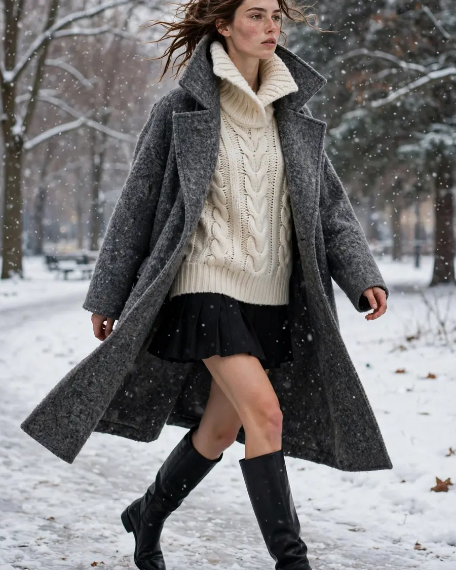 Oversized charcoal melange funnel neck coat worn open over a cream cable knit sweater, black pleated mini skirt and knee-high boots in the snow