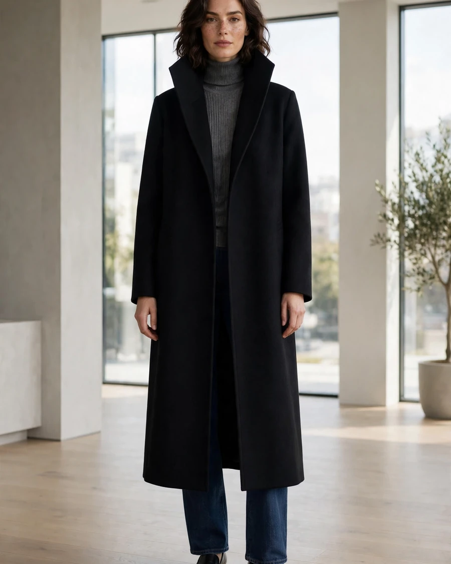 Longline black funnel neck coat worn open over a charcoal ribbed turtleneck, dark indigo jeans and black pointed loafers