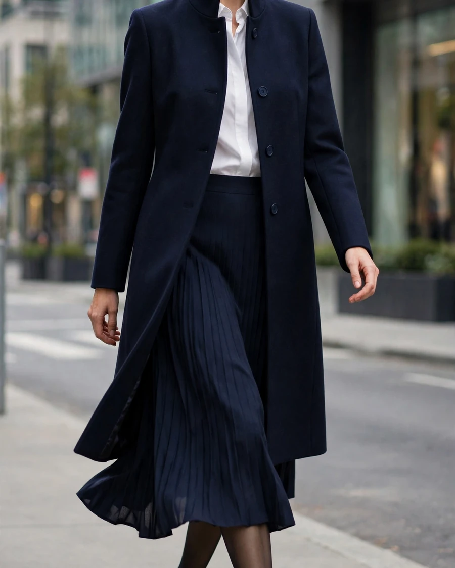 Navy structured single-breasted funnel neck coat with white poplin blouse, navy pleated midi skirt and black pumps for the office