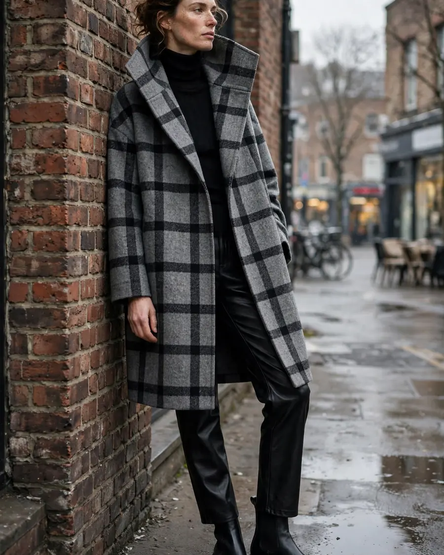 Grey and black windowpane check funnel neck coat worn open over a black turtleneck, leather pants and chunky Chelsea boots