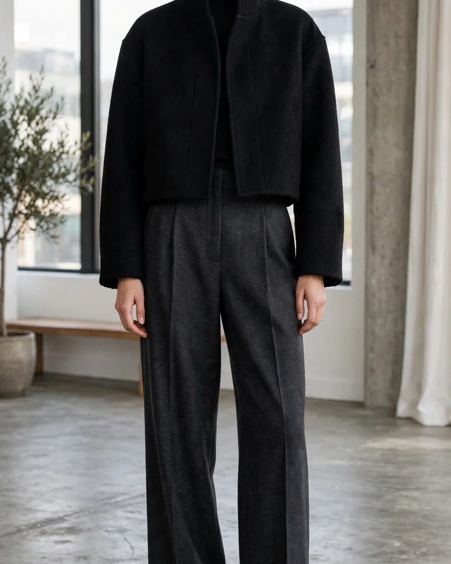 Cropped boxy black funnel neck coat with high-waisted charcoal flannel wide-leg trousers and heeled black ankle boots