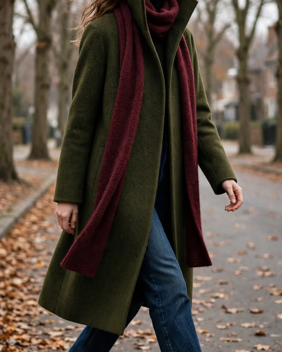 Deep olive brushed wool funnel neck coat with burgundy wool scarf looped inside the collar, dark jeans and black ankle boots