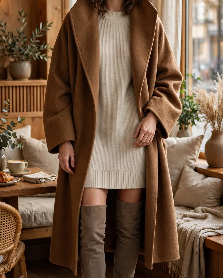Oversized toffee funnel neck coat worn open over an oatmeal ribbed knit sweater dress with taupe suede over-the-knee boots