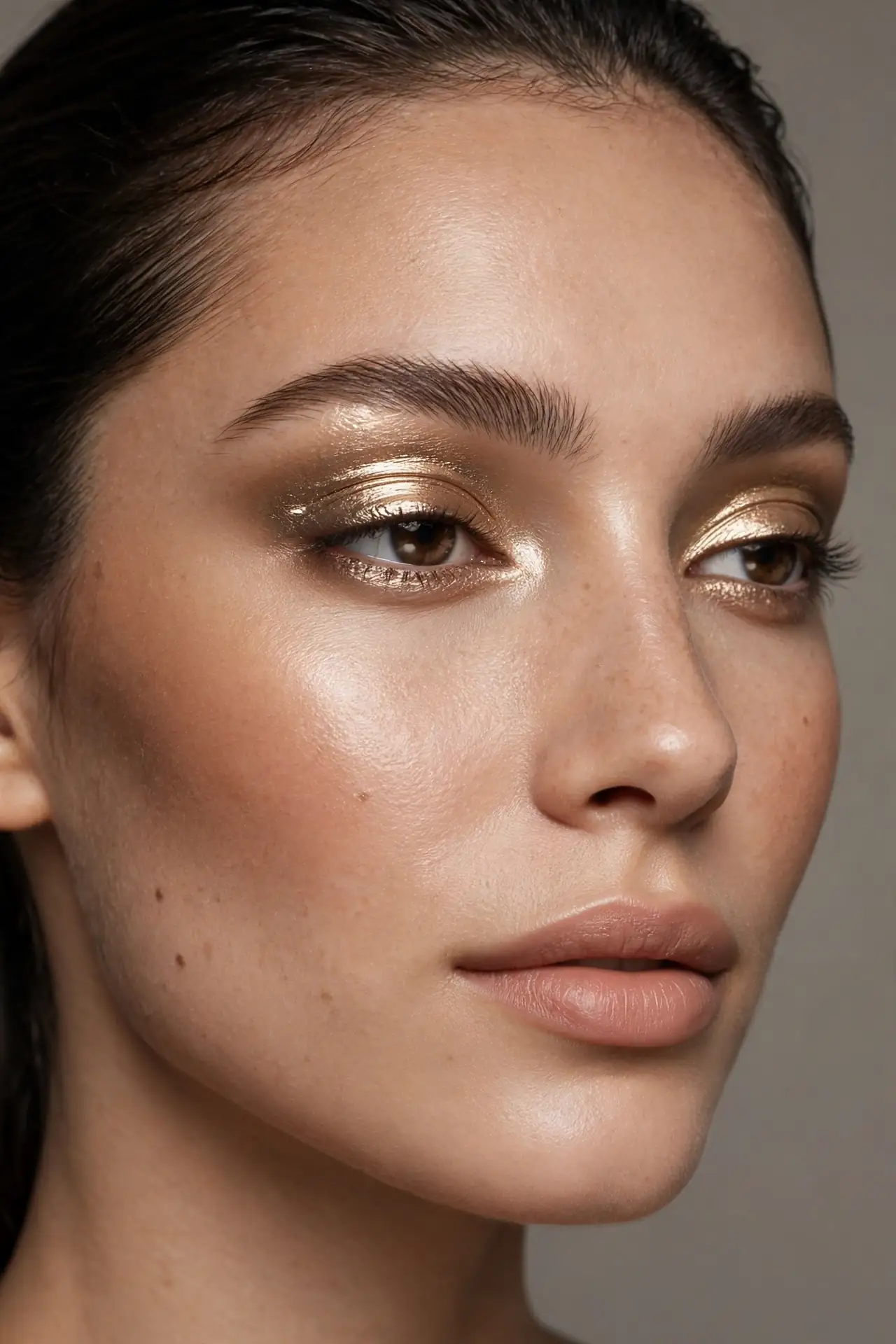 Chrome lid glam makeup with molten champagne metallic eyeshadow and glowing satin skin