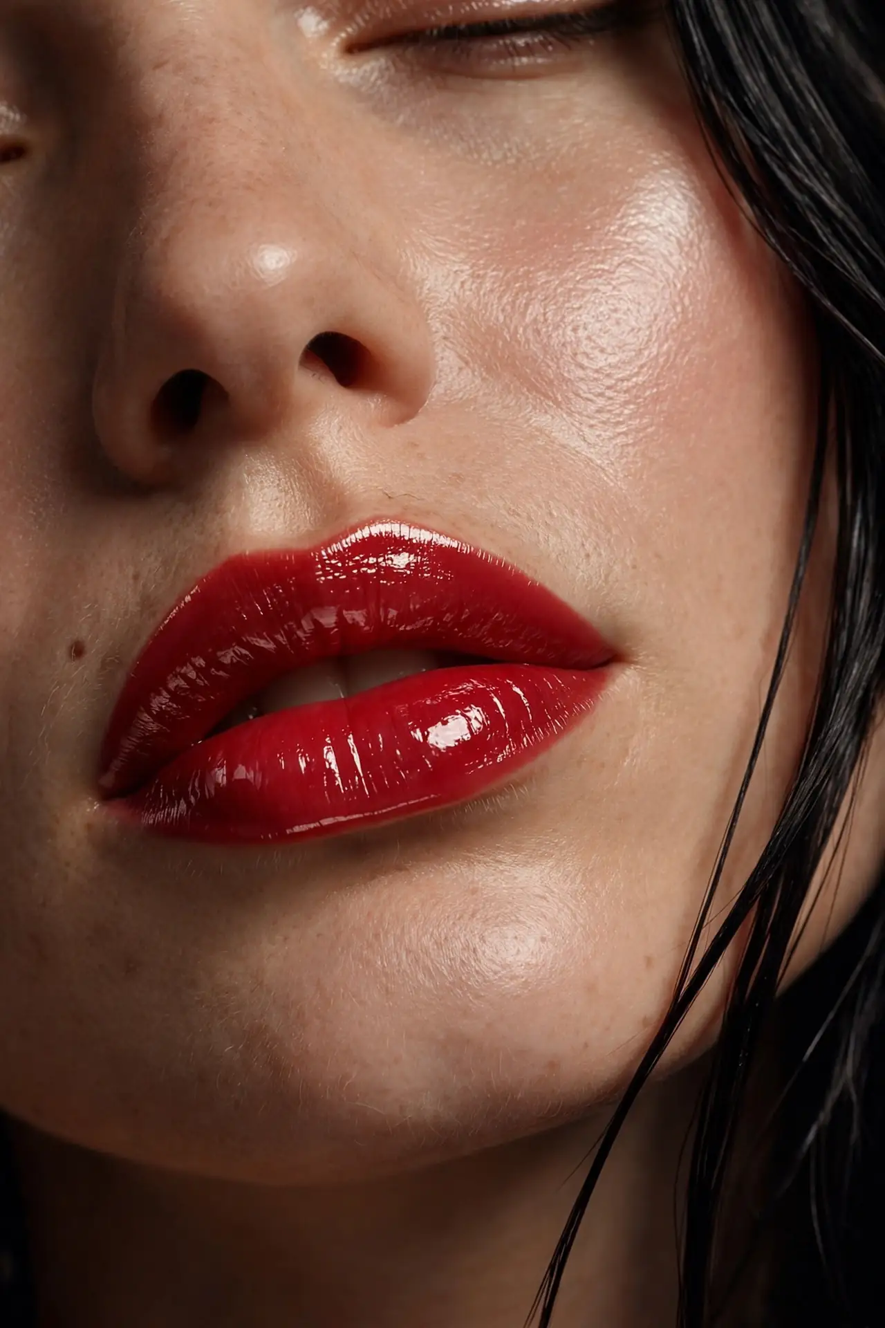Glass skin red carpet makeup with dewy luminous complexion and peach cream blush