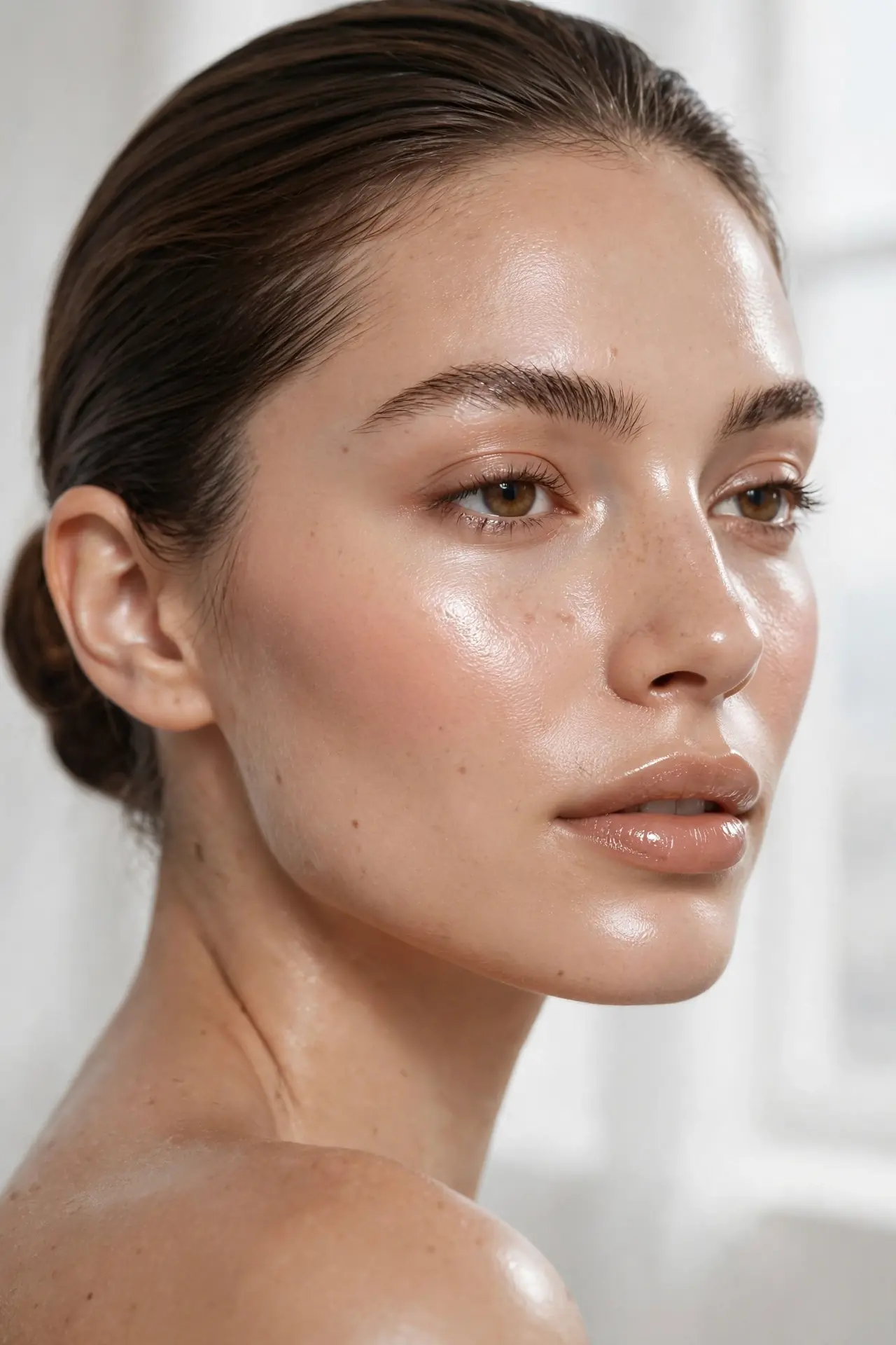 Dramatic winged eyeliner and wispy false lashes with chrome highlighter on cheekbones