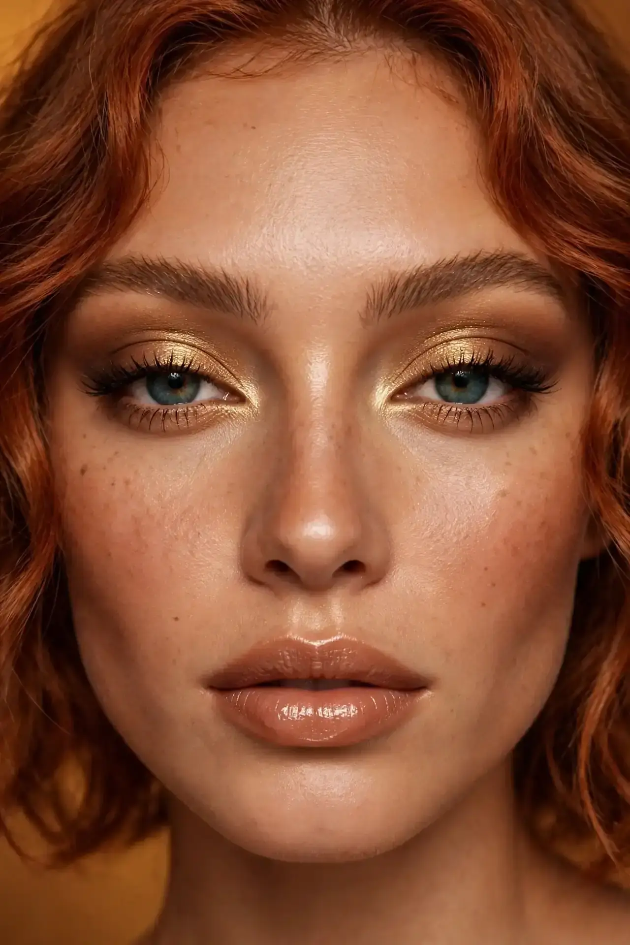 Sculpted berry blush draped toward the temples with matching lacquered berry lips