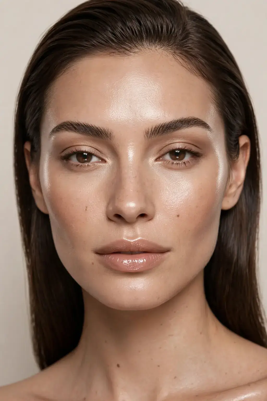 Smoked-out bronze goddess eye makeup with warm bronze smoky shadow and caramel gloss lips