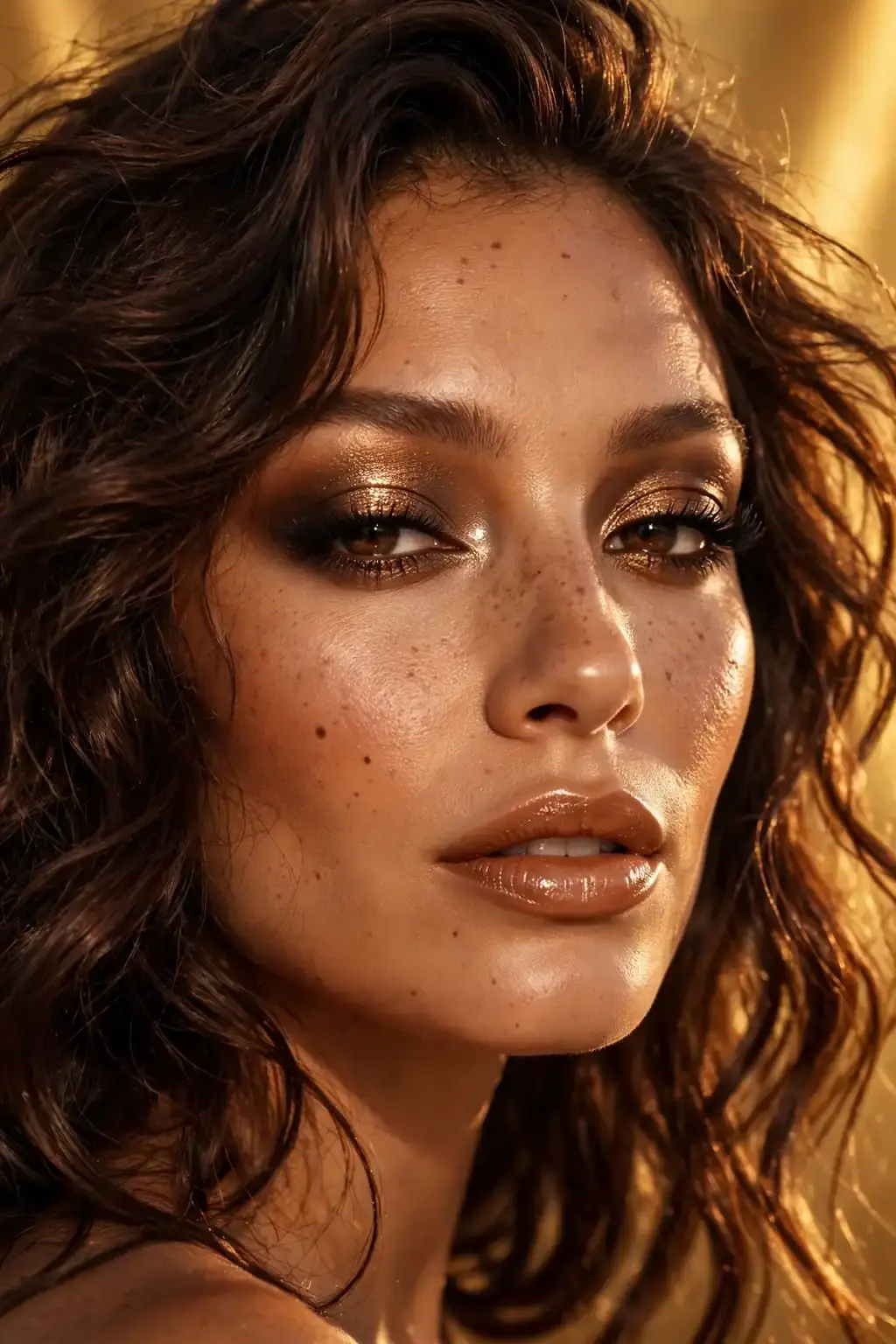 Monochrome pink high-shine makeup with pink cream blush, shimmer lids and gloss lips