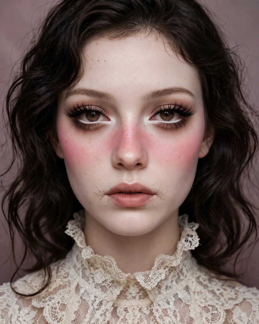 Porcelain doll Halloween makeup with heavy pink blush, white waterline liner and dramatic false lashes