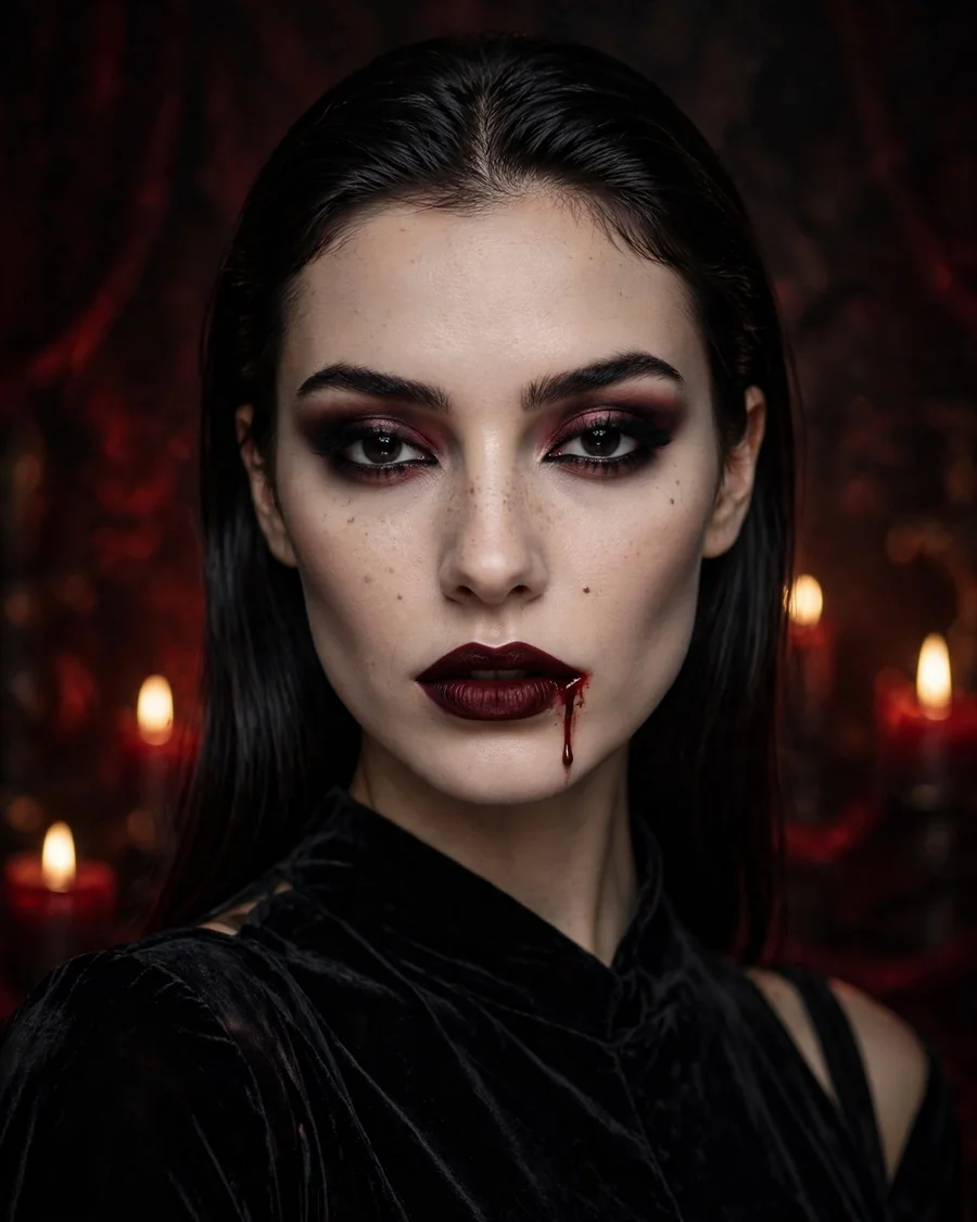 Classic vampire glam Halloween makeup with oxblood matte lips, burgundy smoky eyes and a thin stage blood drip
