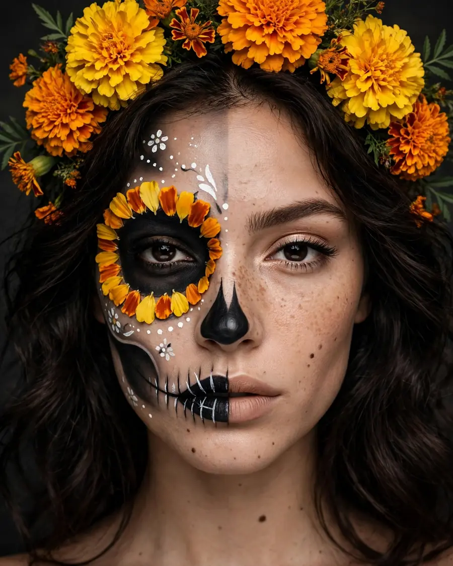 Half-face sugar skull calavera Halloween makeup with marigold petal eye design and stitched lips