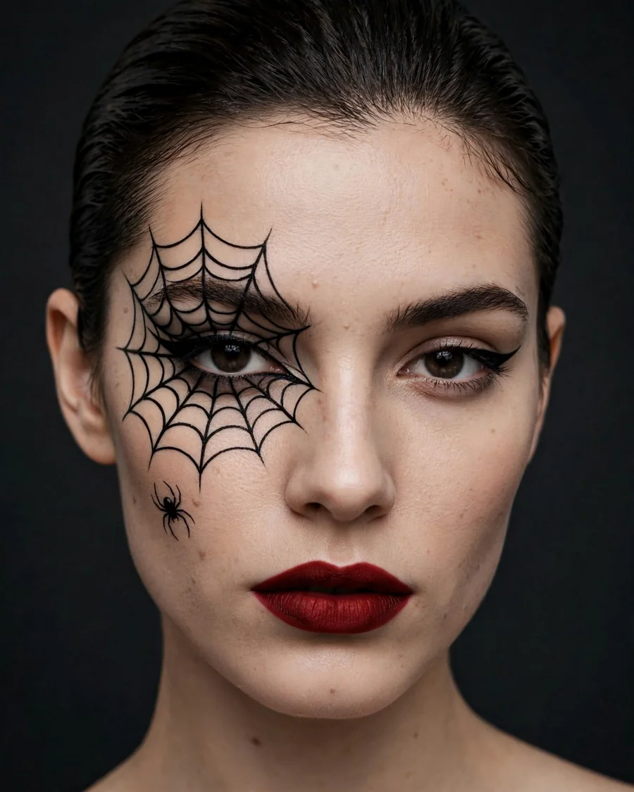 Graphic black spiderweb eyeliner Halloween makeup radiating from the outer eye corner with red lips