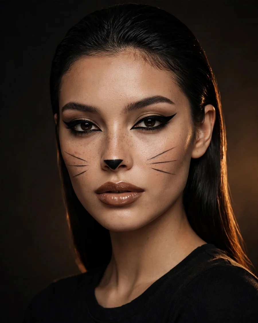 Easy black cat Halloween makeup with sharp winged liner, triangle nose and whisker lines