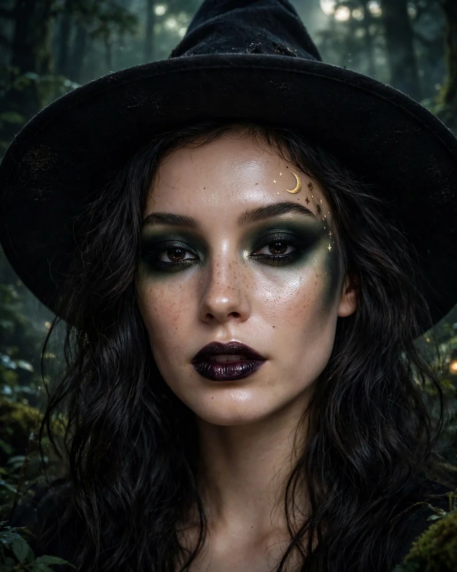 Smoky forest green witch Halloween makeup with blackened berry lips and gold crescent moon detail