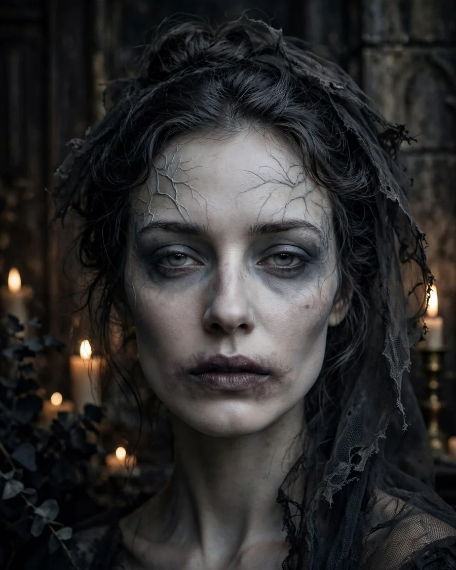 Ghostly Victorian bride Halloween makeup with grey-toned skin, hollowed eyes and smudged plum lips