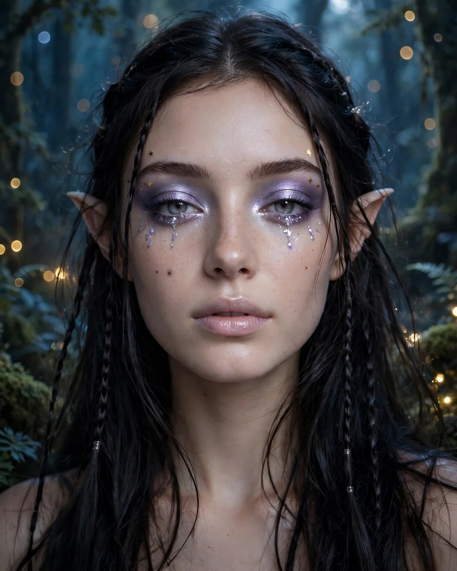 Dark fairy Halloween makeup with glitter tears, iridescent lilac eyeshadow and gold star decals