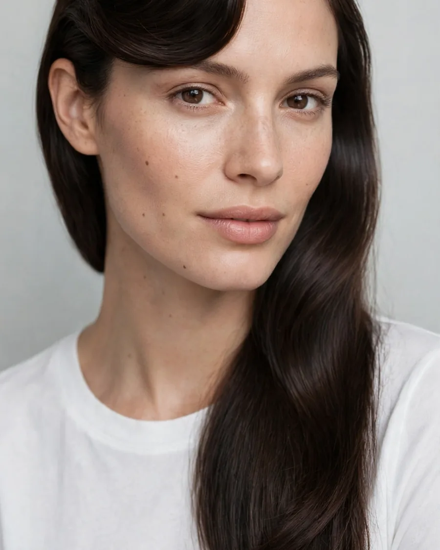 Classic deep side part blowout with long dark brown hair swept diagonally across the forehead