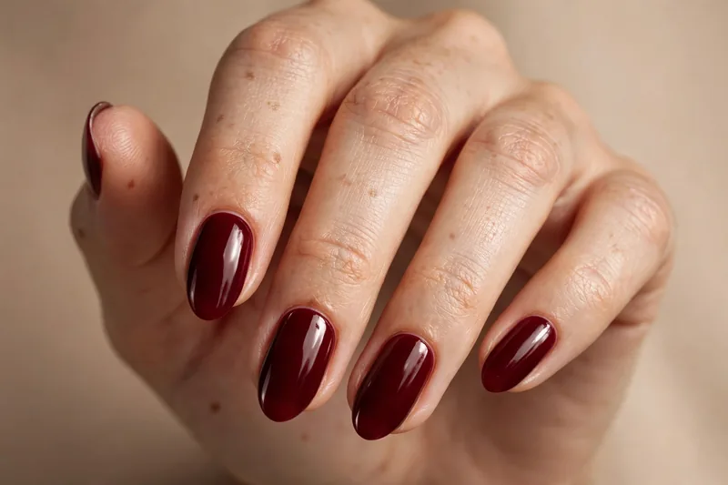 Classic oxblood almond nails in high-gloss burgundy polish — burgundy nail designs for fall 2026