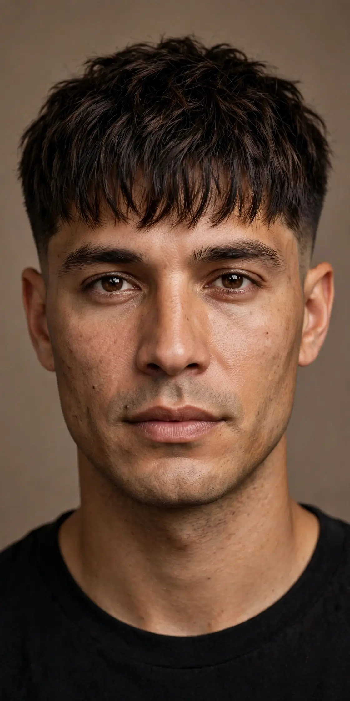 Low taper fade with a textured crop on dark brown hair, fade at the sideburns and neckline