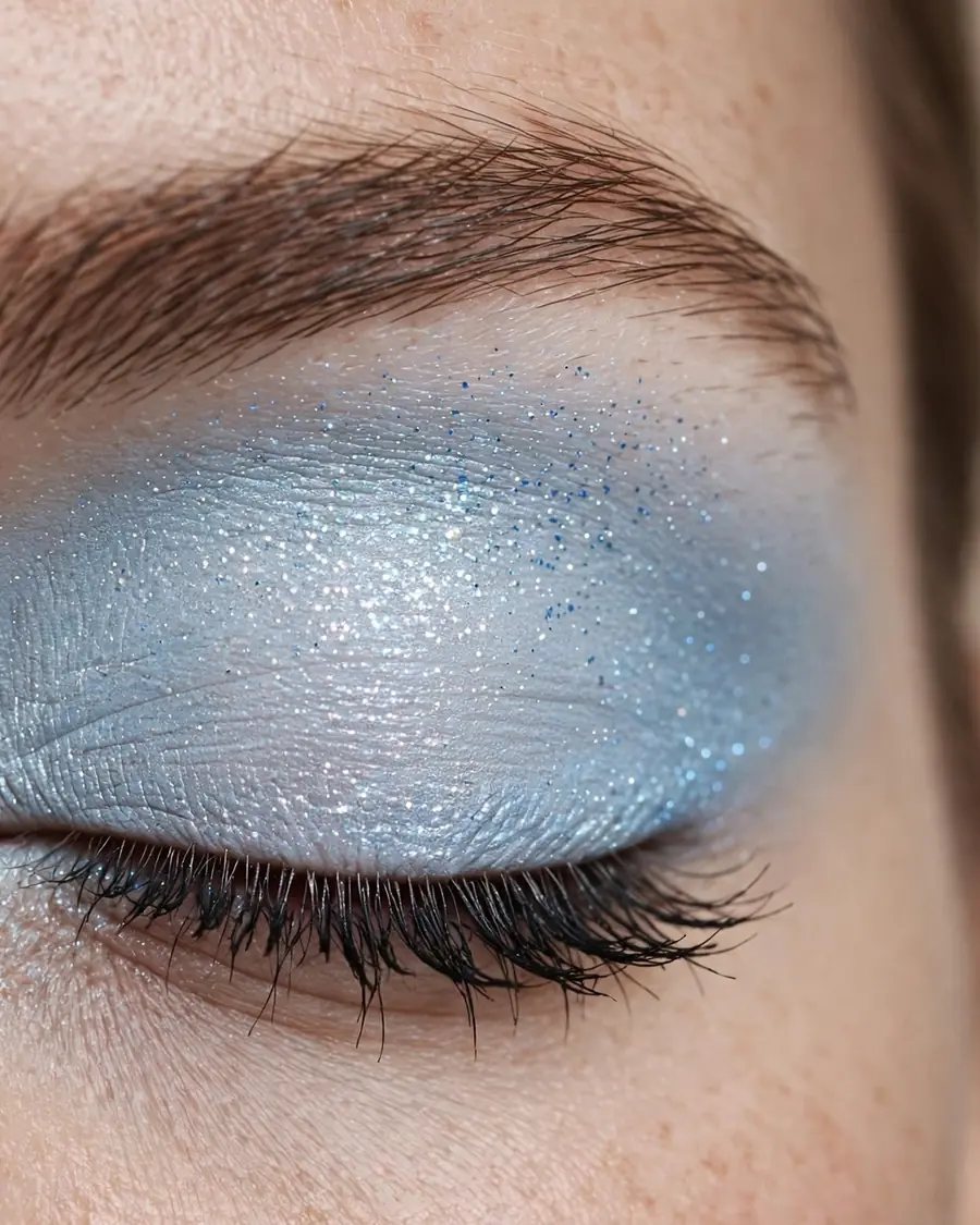 Close-up of a frosted ice-blue eyeshadow lid with silver sparkle