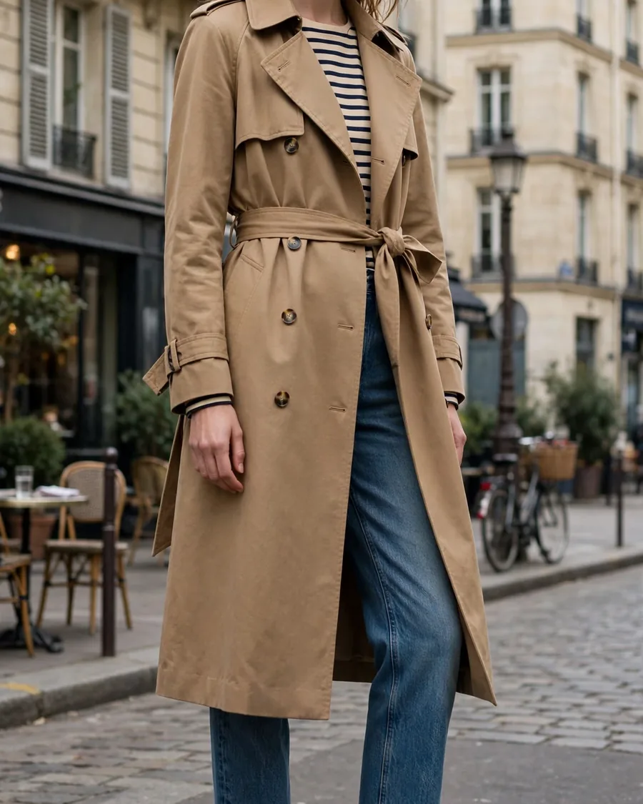 Camel double-breasted trench coat over a striped Breton shirt with jeans and loafers