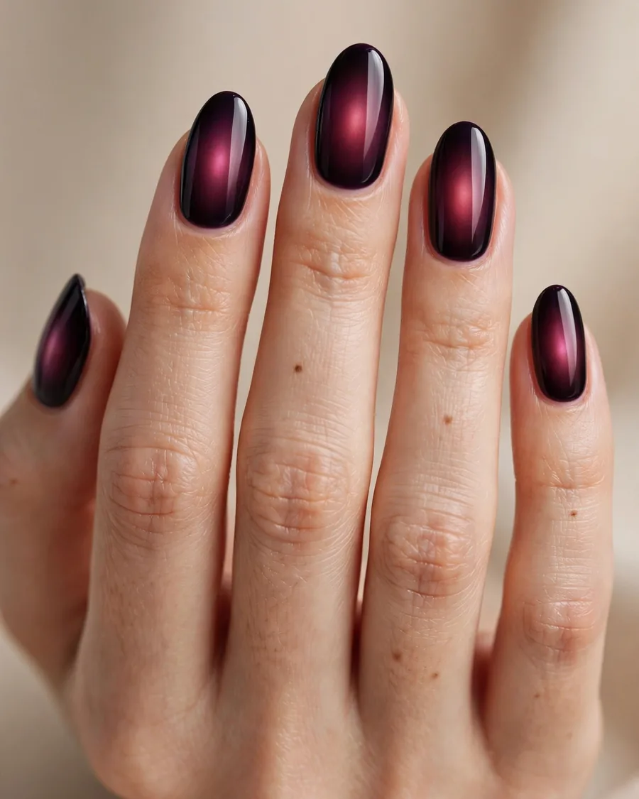 Midnight plum aura nail design with near-black plum borders and luminous burgundy glow