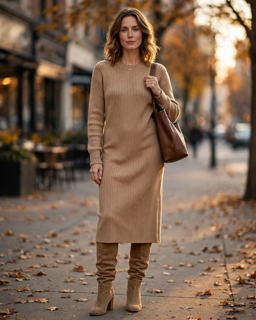 Woman in camel ribbed knit midi dress with tan slouchy suede knee-high boots