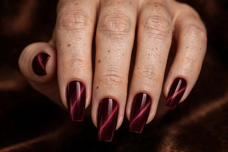 Velvet cat-eye burgundy nails with a diagonal magnetic light band on medium coffin nails