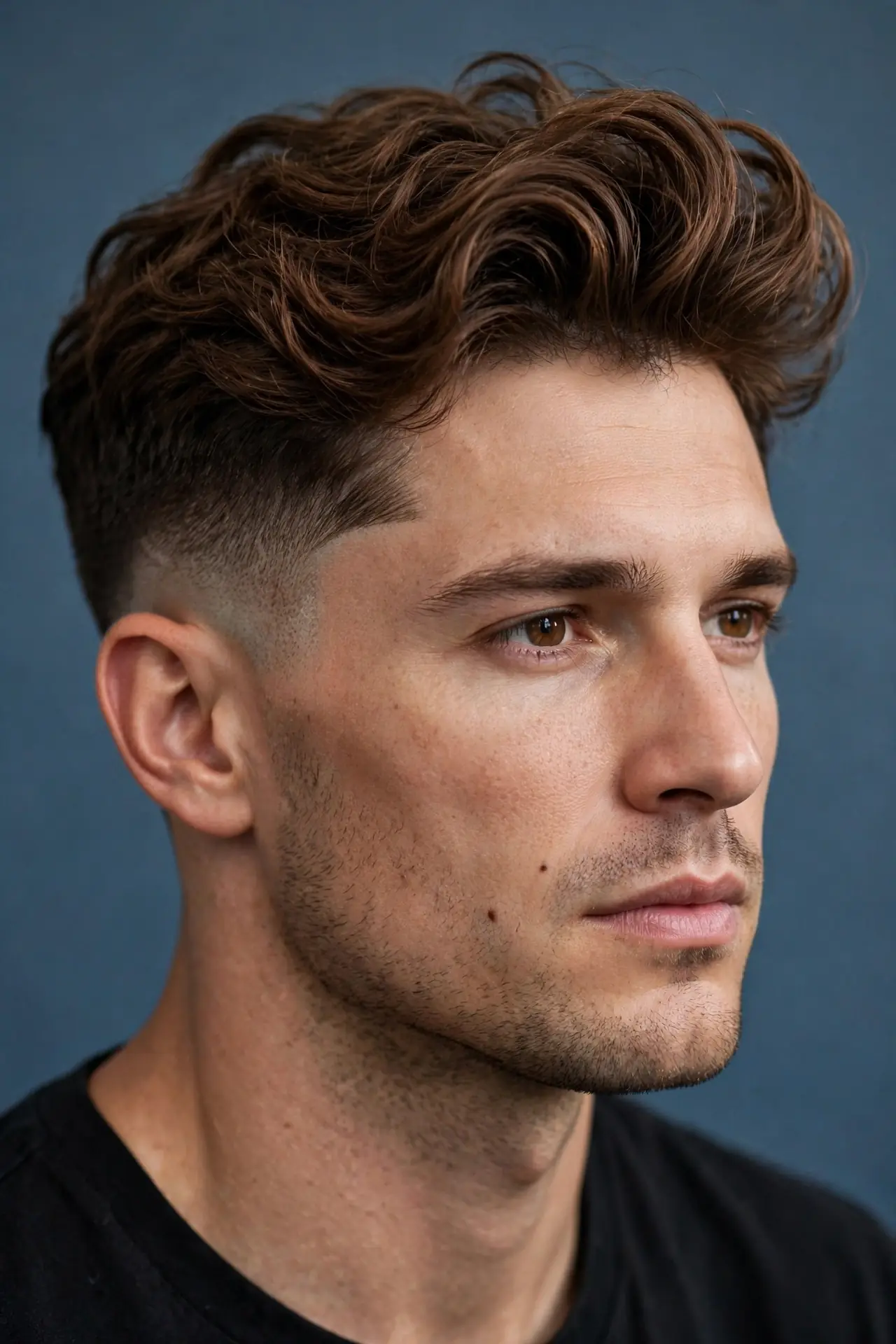 Mid taper fade with a wavy quiff on chestnut brown hair, fade breaking at the temple