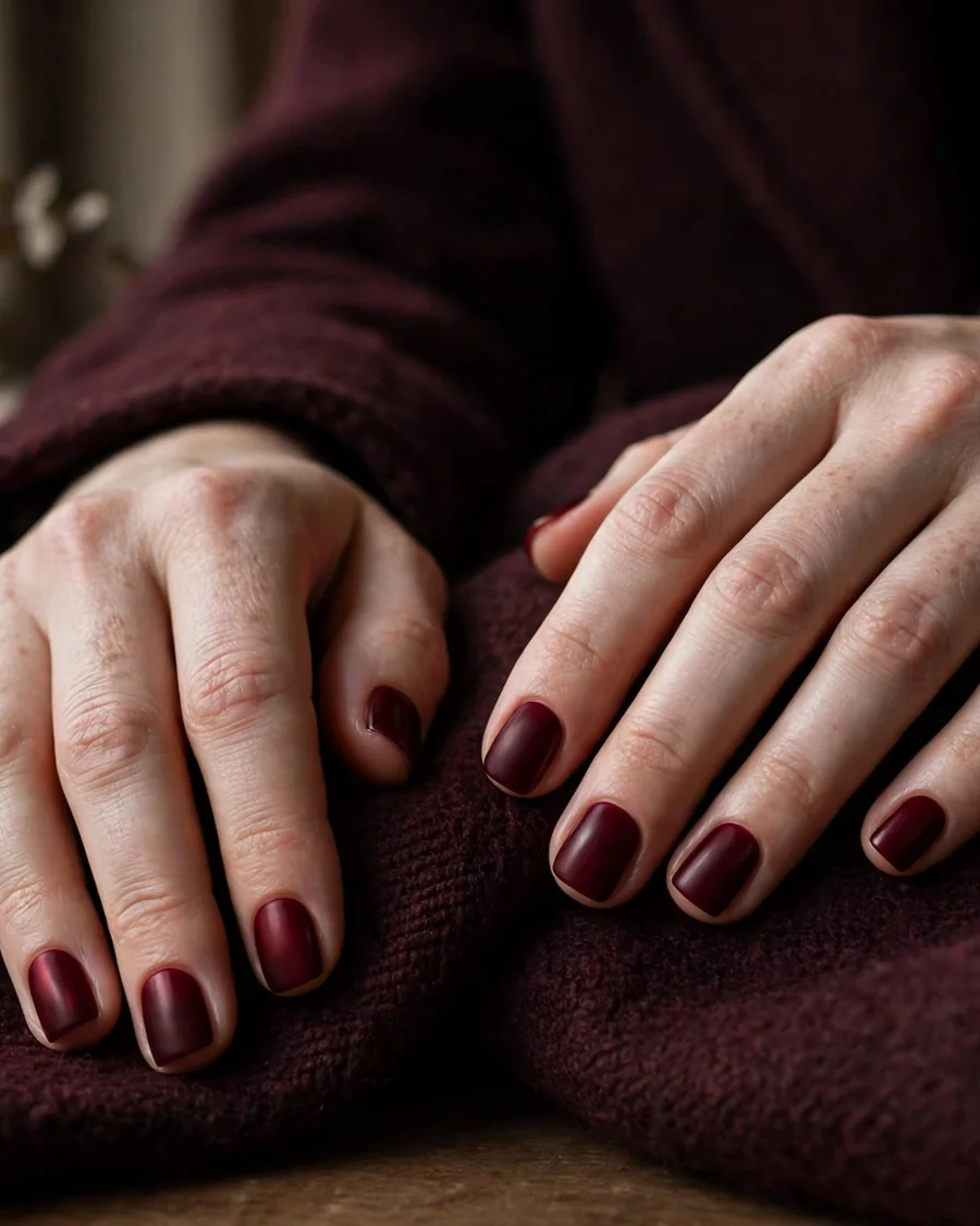 Short square nails in deep oxblood wine red polish resting on a burgundy wool coat