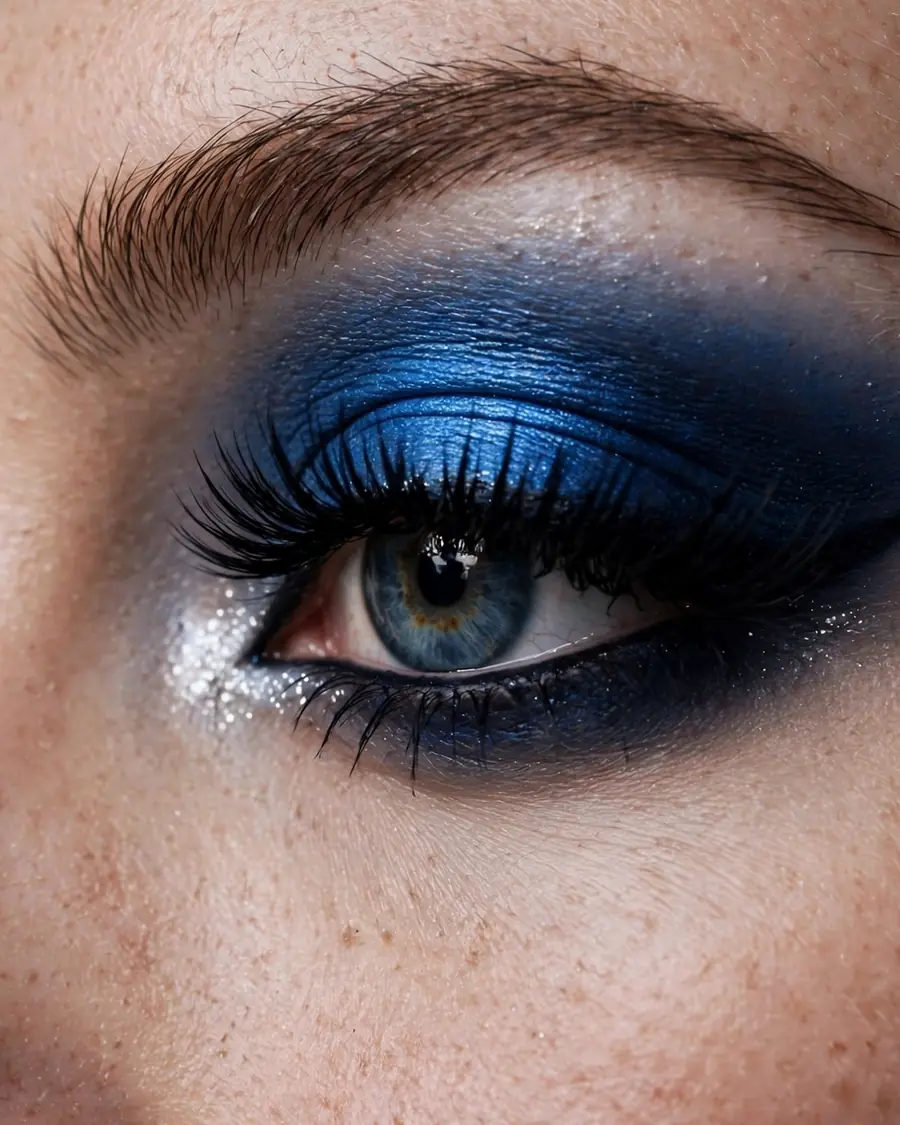 Smoky sapphire blue eyeshadow blending from bright blue lid to deep navy outer corner