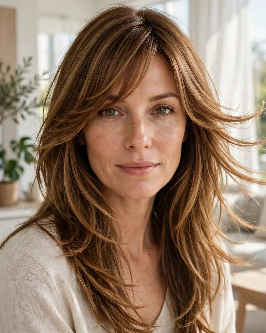 Side-swept bangs with long feathered honey-brown layers and soft movement