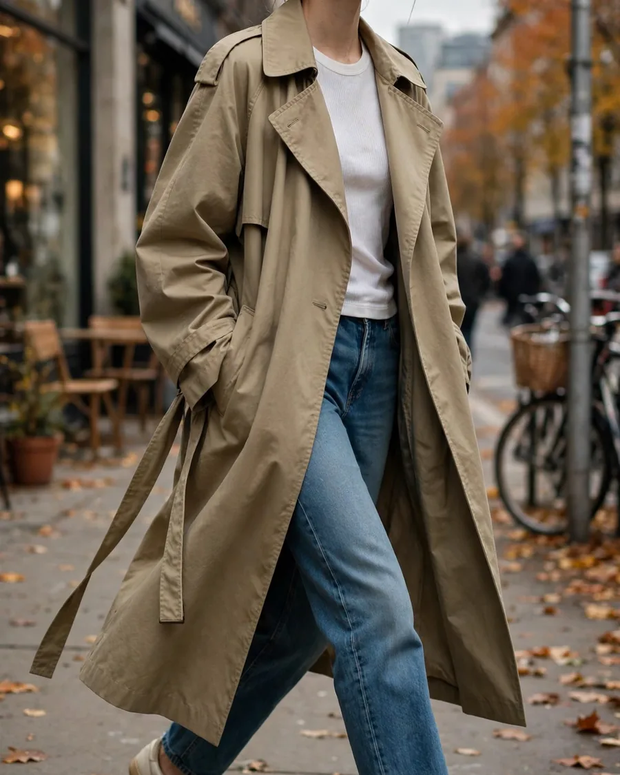 Oversized khaki trench coat with straight-leg jeans and retro sneakers