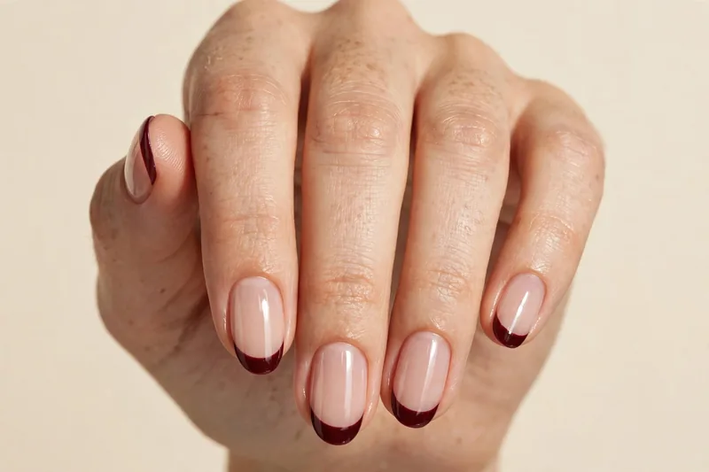 Burgundy French tips in deep bordeaux on a sheer nude base, short almond nails