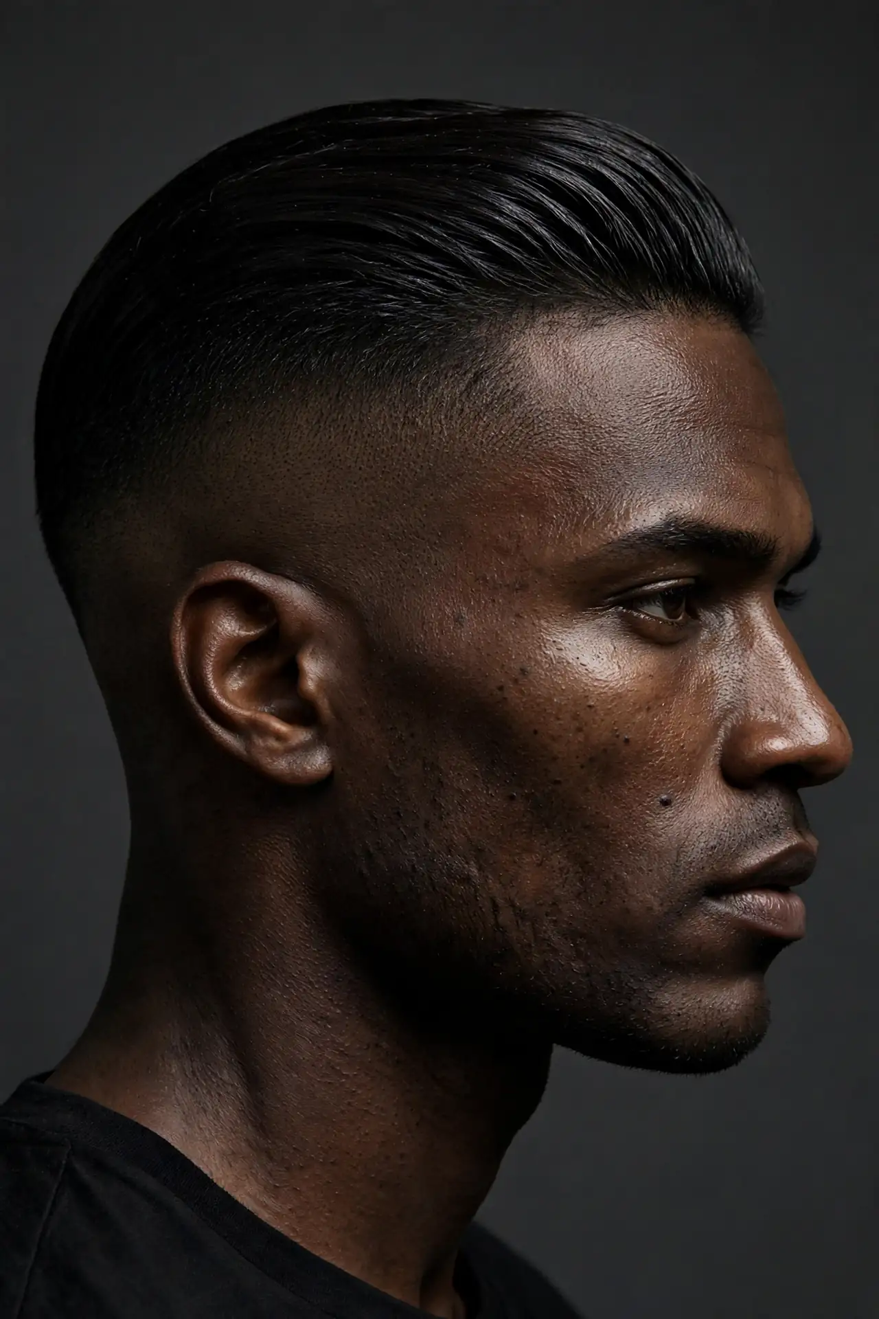High skin taper fade with slicked-back long hair on black hair, side profile view