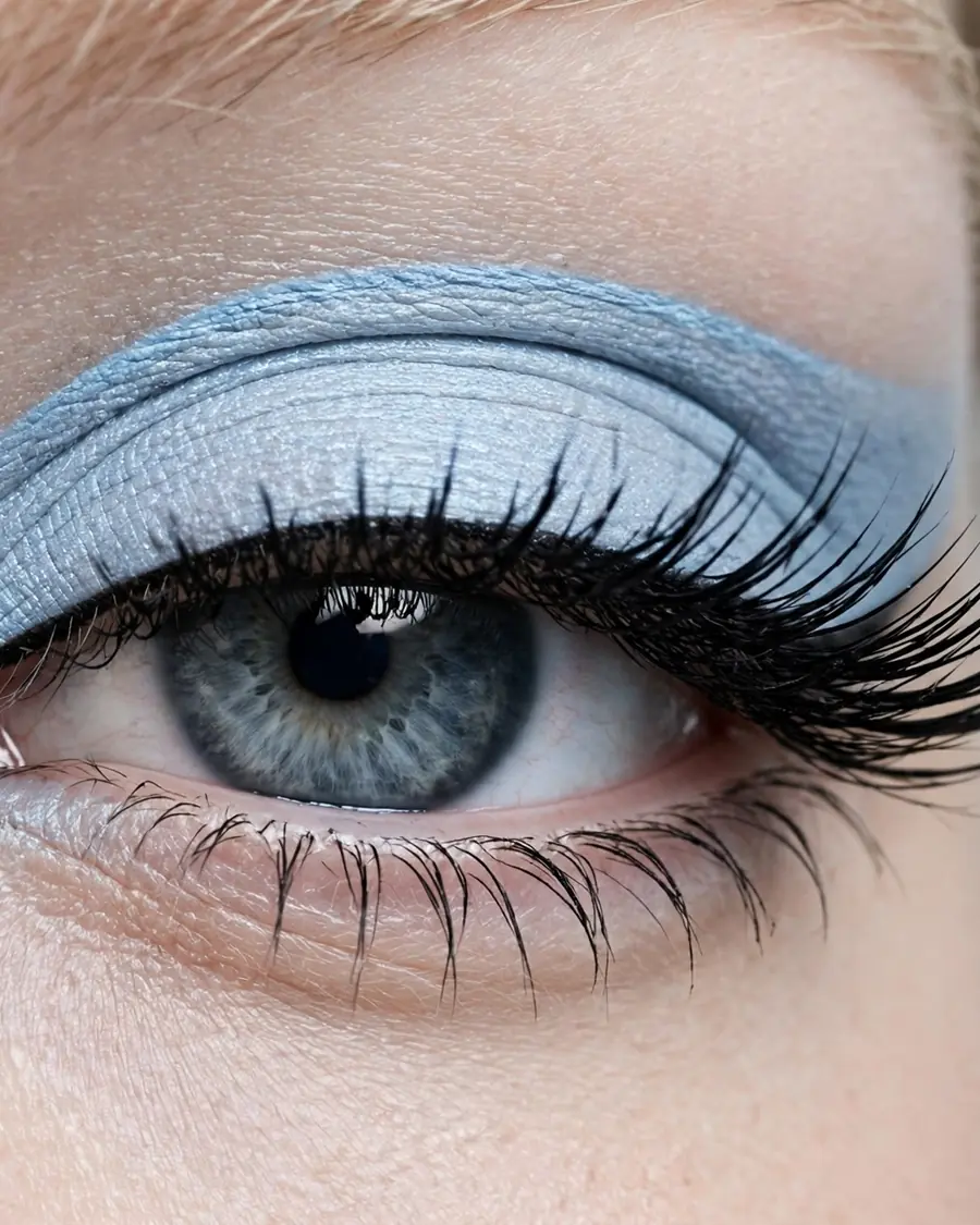 Icy blue cut crease eyeshadow with a sharply defined crease line