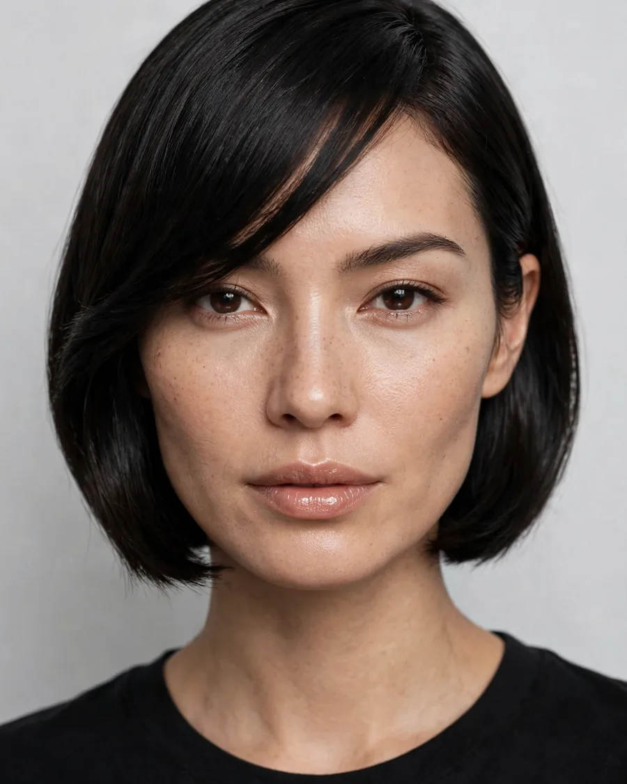 Sleek jaw-length bob with a sharp side-swept fringe and glossy dark hair