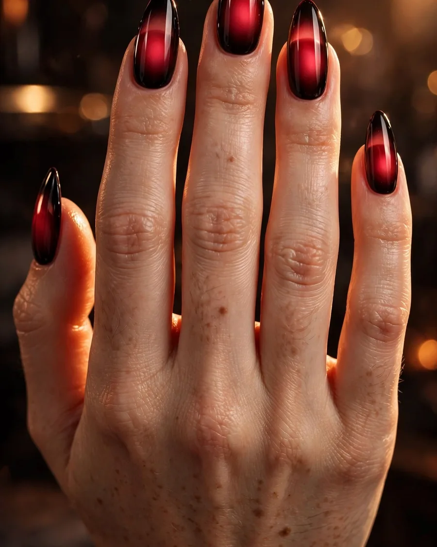Black cherry aura nails with molten red glowing centers on long almond nails