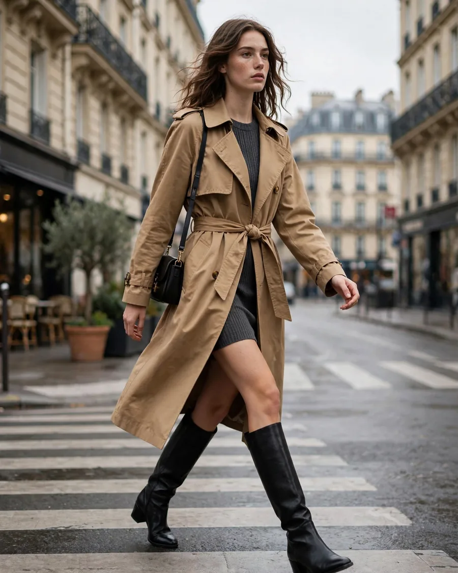 Classic belted trench coat with heeled knee-high boots on an autumn street