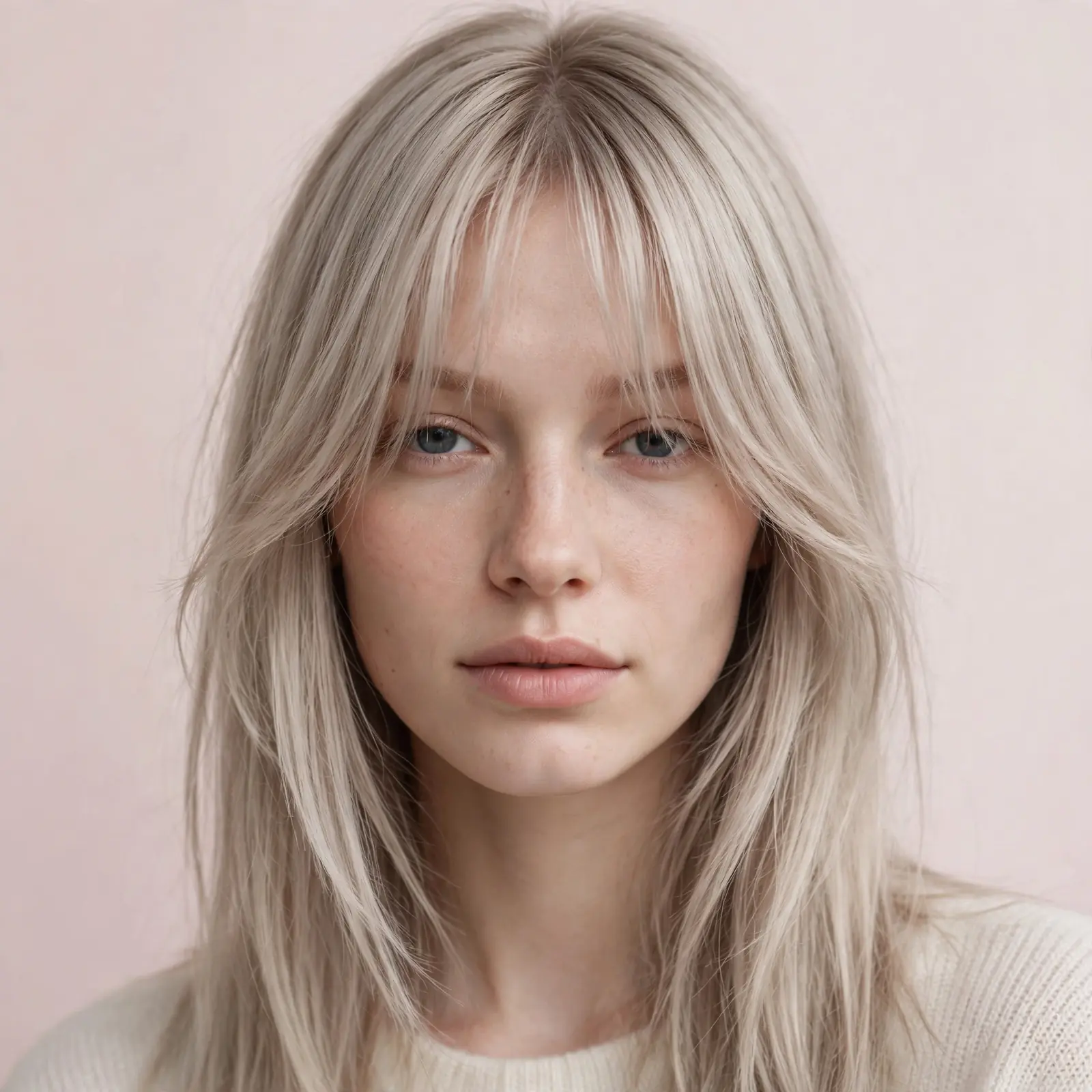 Wispy lightweight curtain bangs with feathered ends on fine ash blonde hair