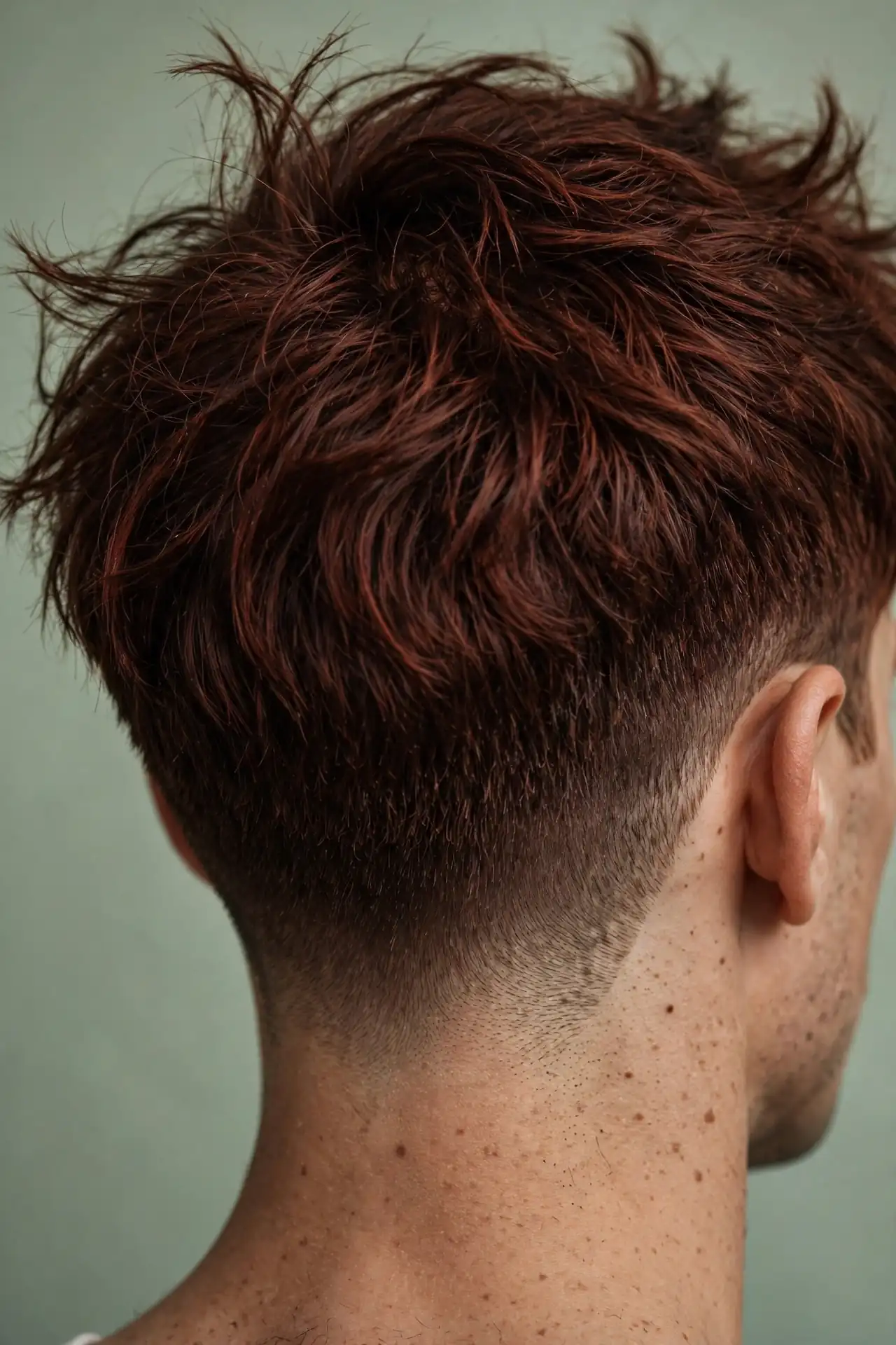 Drop taper fade arcing behind the ear on thick dark auburn hair, back view