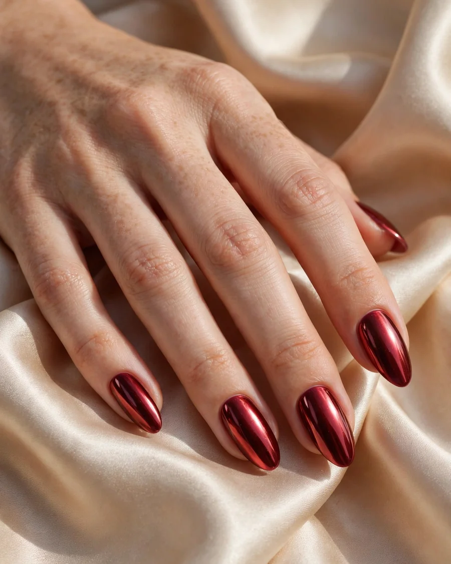 Red chrome glaze almond nails with metallic cherry shine over champagne silk fabric