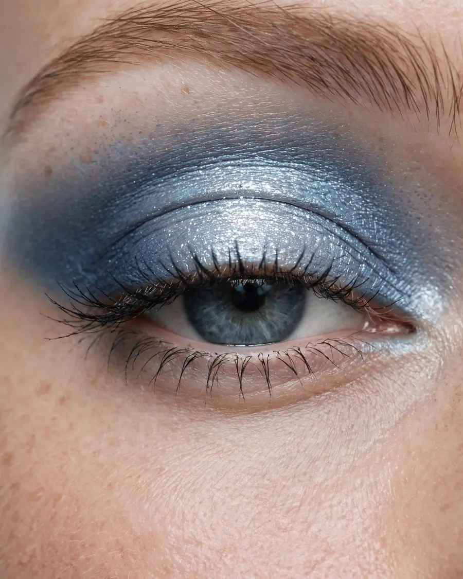 Frosted blue halo eye with bright silver-blue shimmer at the center of the lid