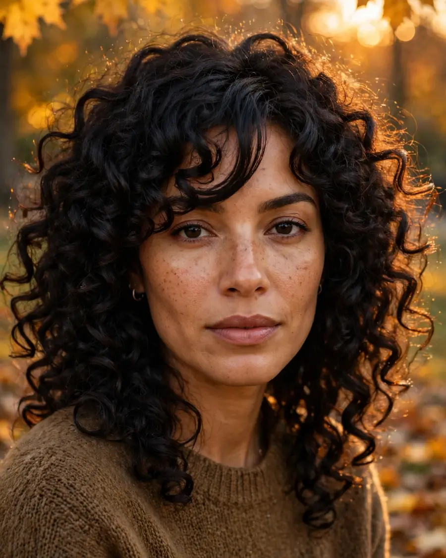 Voluminous dark curly hair with a side-swept curly fringe in golden-hour light
